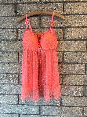 Sheer Pink Polka Dot Babydoll Lingerie With Adjustable Straps & Ruffled Hem Size